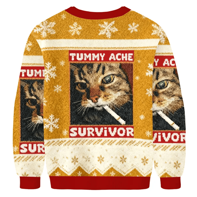 Tummy Ache Survivor Smoking Cat Ugly Sweater, Funny Christmas Ugly Sweatshirt, Xmas Ugly Sweater