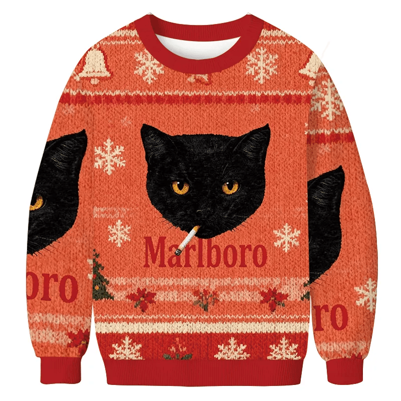 Smoking Black Cat Vintage Ugly Sweater, Funny Ugly Christmas Sweater, Christmas Ugly Sweatshirt