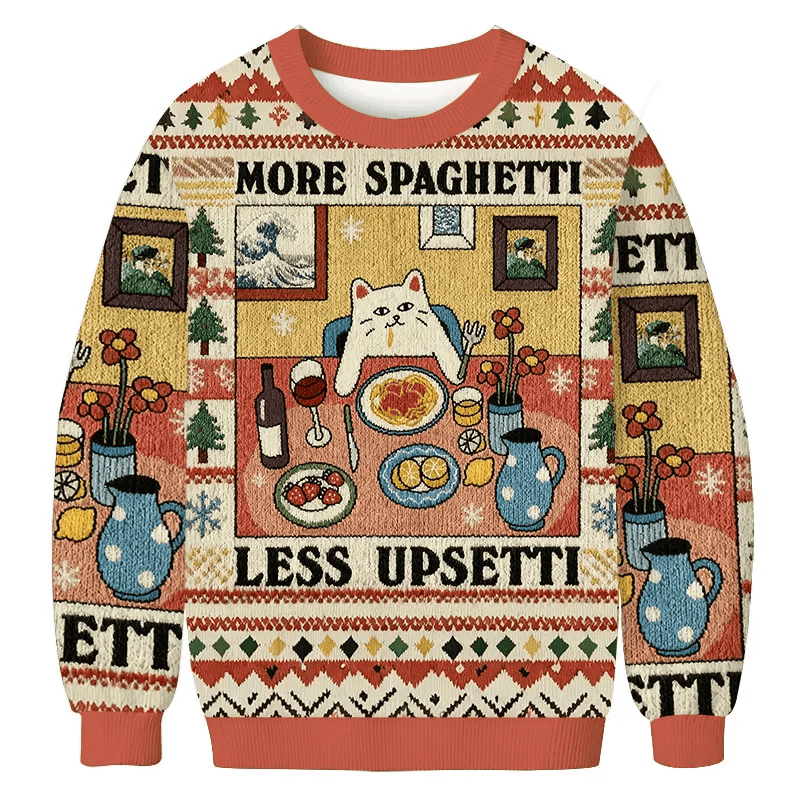 More Spaghetti Less Upsetti Cute Cat Meme Funny Ugly Sweater, Ugly Xmas Sweater, Christmas Ugly Sweatshirt