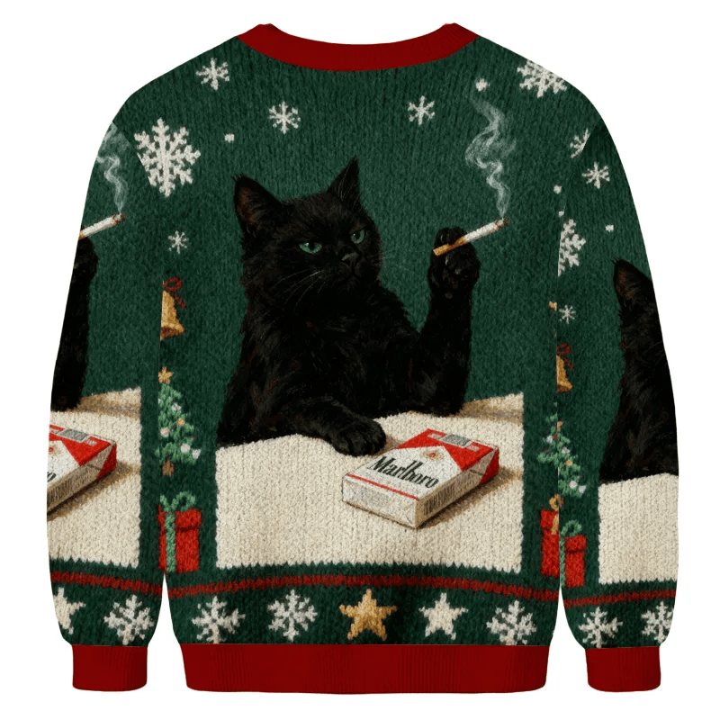Smoking Marlboro Black Cat Christmas Sweater, Ugly Xmas Sweater, Christmas Ugly Sweatshirt ZZIPREV