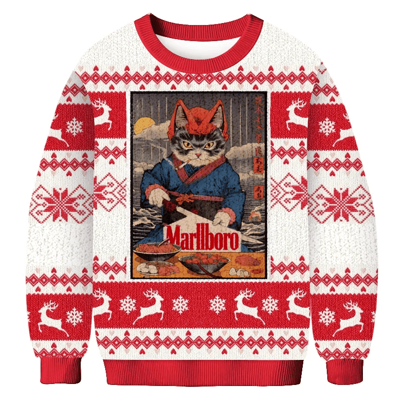 Japanese Cat Smoking Ugly Sweater, Funny Christmas Ugly Sweatshirt, Xmas Ugly Sweater, Cat Lover Gift