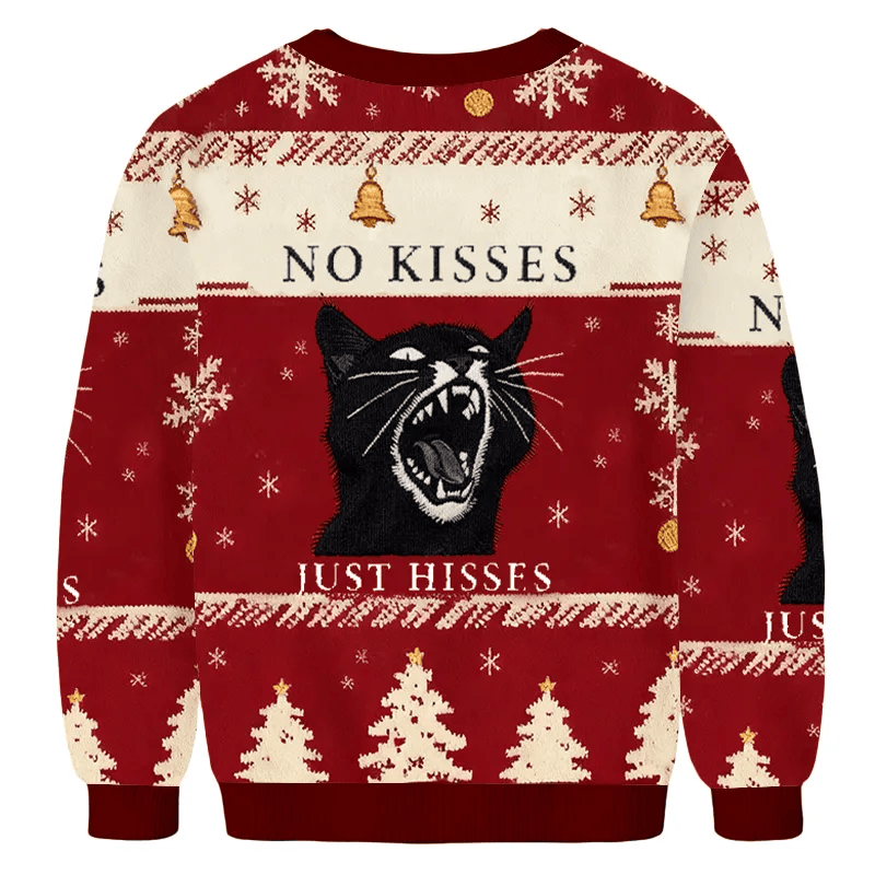 No Kisses Just Hisses Angry Black Cat Meme Ugly Sweater, Funny Christmas Ugly Sweatshirt, Xmas Ugly Sweater