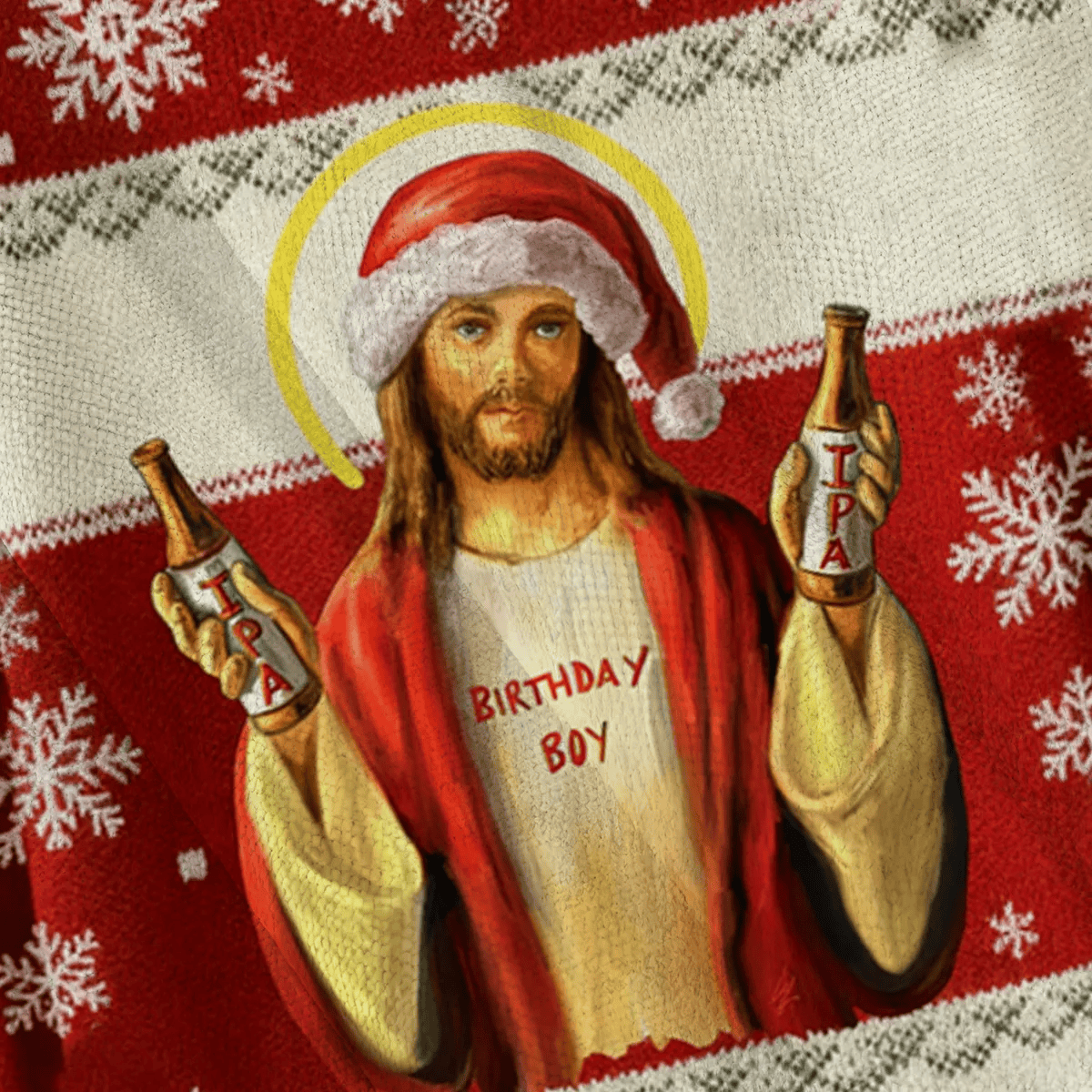 Jesus Wearing A Santa Hat And IPA Birthday Boy Ugly Sweater, Funny Christmas Ugly Sweatshirt, Xmas Ugly Sweater