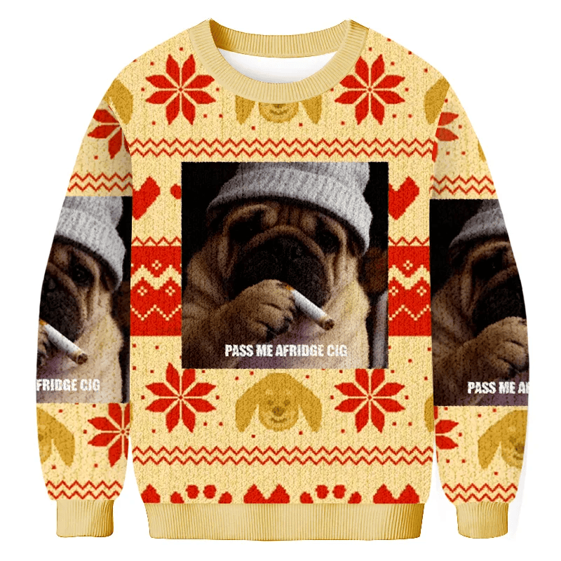 Pass Me A Fridge Cig Pug Dog Smoking Ugly Sweater, Funny Christmas Ugly Sweatshirt, Xmas Ugly Sweater, Dog Lover Gift