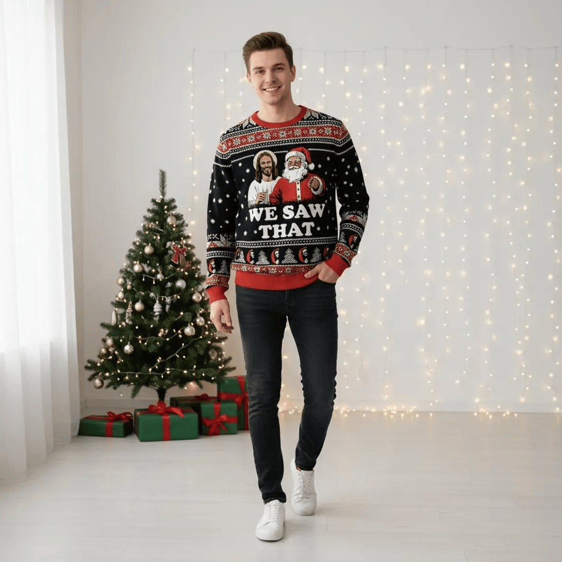 Santa Jesus We Saw That Ugly Christmas Sweater, Christmas Ugly Sweatshirt, Humorous Ugly Sweater