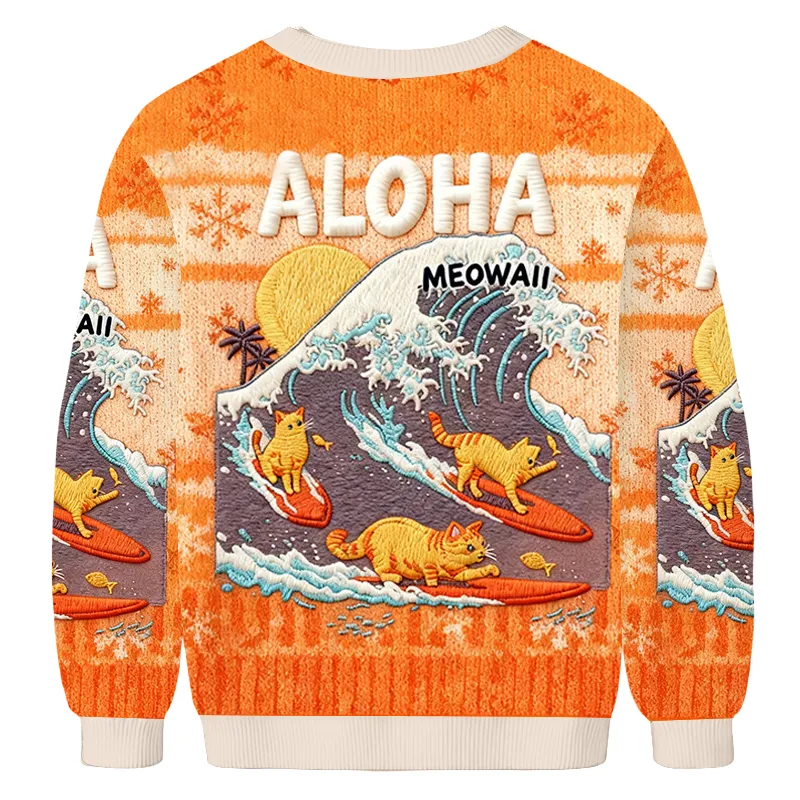 Aloha Meowaii Free Surfing Cat Ugly Sweater, Funny Christmas Ugly Sweatshirt, Gift Ideas For Cat Lovers