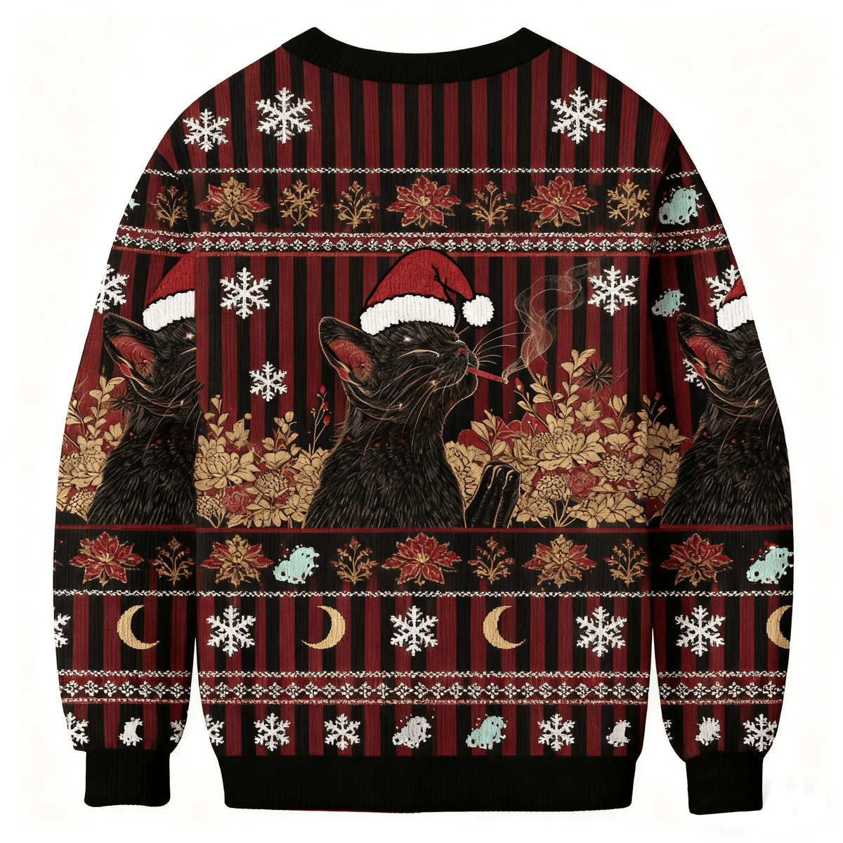 Cool Black Cat Smoking In Artistic Floral Scene Funny Ugly Sweater, Ugly Xmas Sweater, Christmas Ugly Sweatshirt