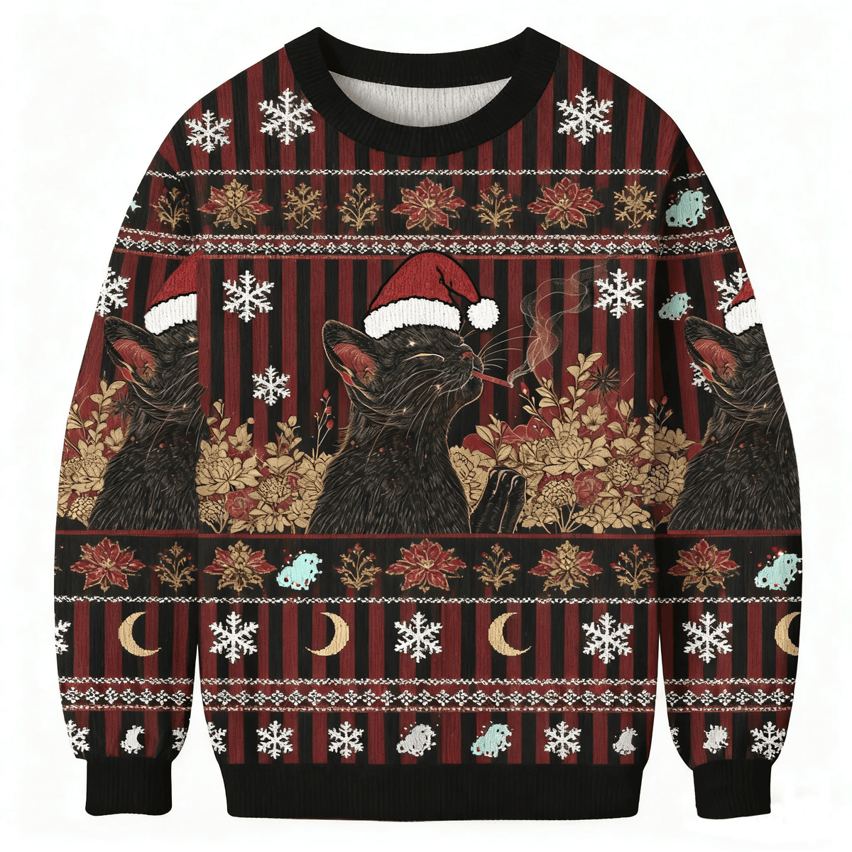 Cool Black Cat Smoking In Artistic Floral Scene Funny Ugly Sweater, Ugly Xmas Sweater, Christmas Ugly Sweatshirt