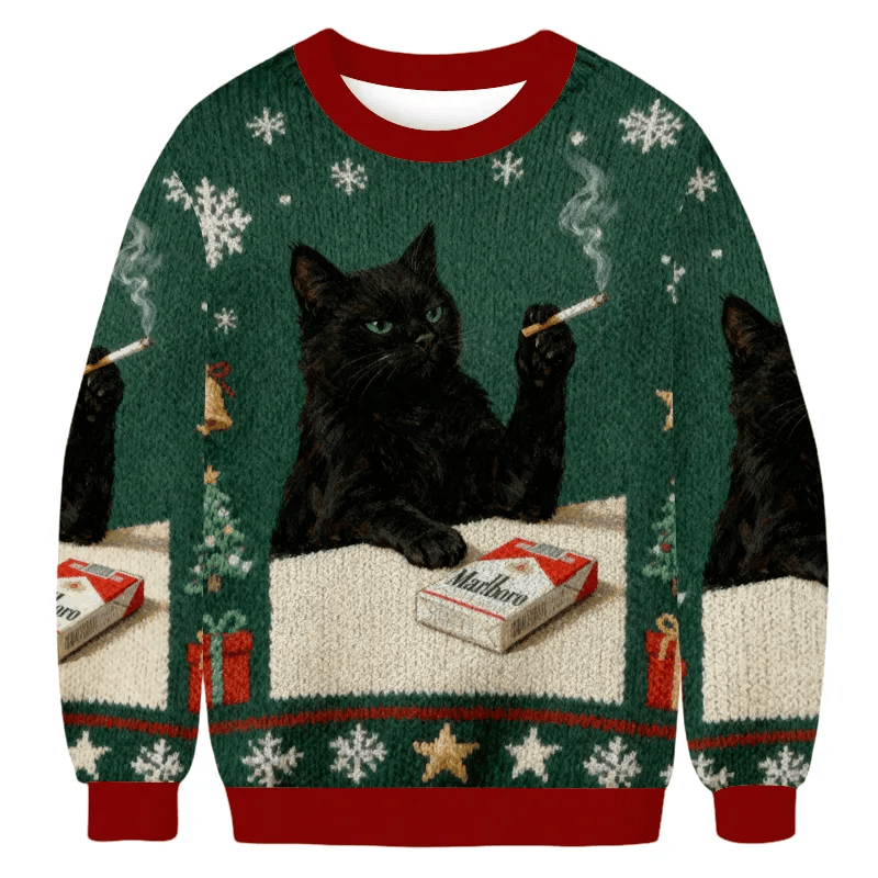 Smoking Marlboro Black Cat Meme Funny Ugly Sweater, Ugly Xmas Sweater, Christmas Ugly Sweatshirt ZZIPREV