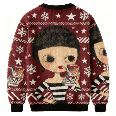 Big-Eyed Girl In Striped Dress Smoking Funny Ugly Sweater, Ugly Xmas Sweater, Christmas Ugly Sweatshirt