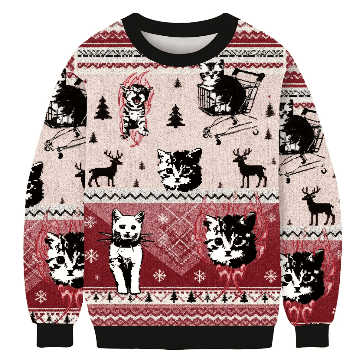Funny Punk Kittens With Flame Designs And Shopping Cart Motif Ugly Xmas Sweater, Christmas Ugly Sweatshirt