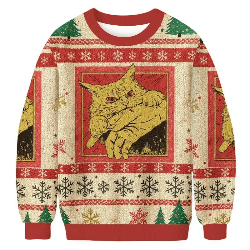 Biting Cat Funny Ugly Sweater, Ugly Xmas Sweater, Christmas Ugly Sweatshirt