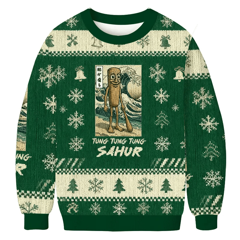 Tung Tung Tung Sahur Brainrot Vintage Christmas Sweater, Ugly Xmas Sweater, Christmas Ugly Sweatshirt