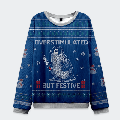 Funny Penguin Overstimulated but Festive Christmas Ugly Sweatshirt, Vintage Christmas Sweater, Ugly Xmas Sweater