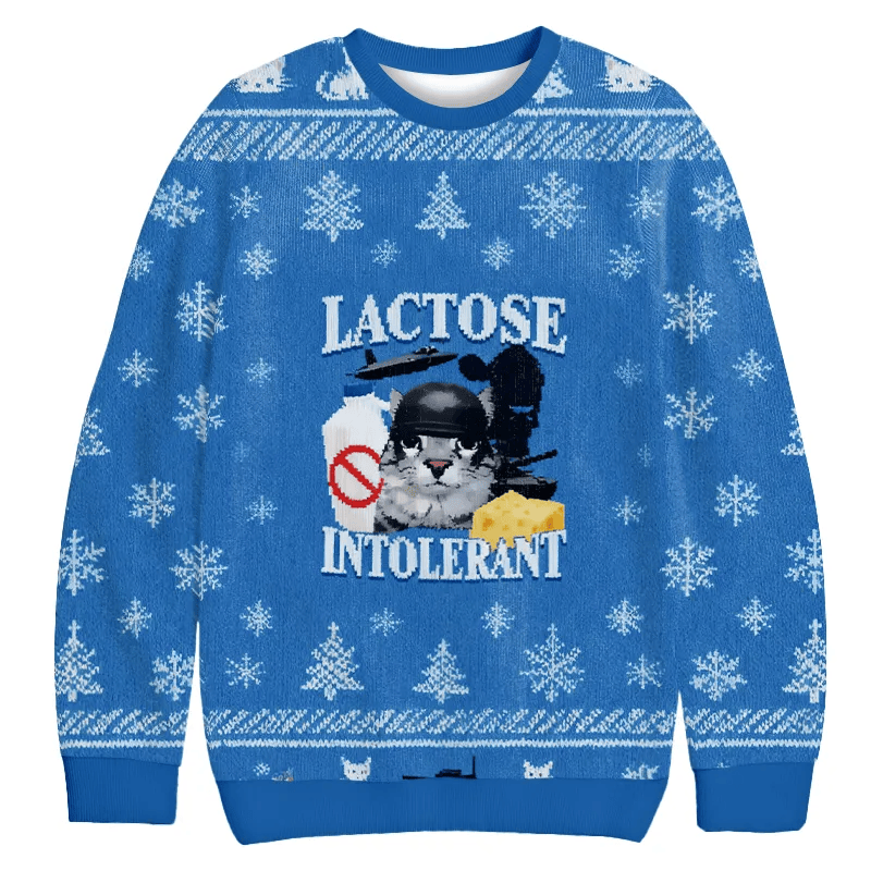 Lactose Intolerant Funny Cat Meme Ugly Sweater, Funny Christmas Ugly Sweatshirt, Gift Ideas For Cat Lovers