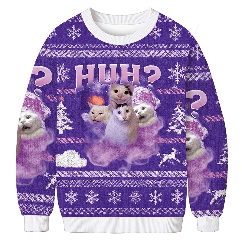 Pink Funny Meme Huh Cat Ugly Sweater, Funny Christmas Ugly Sweatshirt, Xmas Ugly Sweater, Cat Lovers Gift