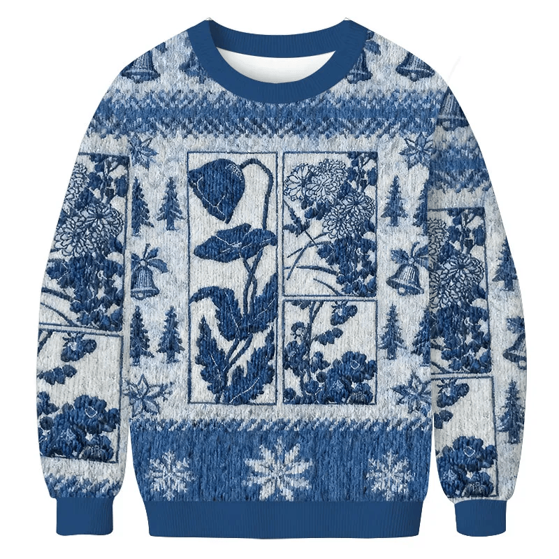 Woodcut Flowers Vintage Christmas Sweater, Ugly Xmas Sweater, Christmas Ugly Sweatshirt