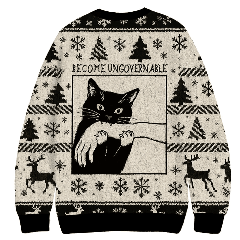 Black Cat Biting Become Ungovernable Vintage Christmas Sweater, Ugly Xmas Sweater, Christmas Ugly Sweatshirt