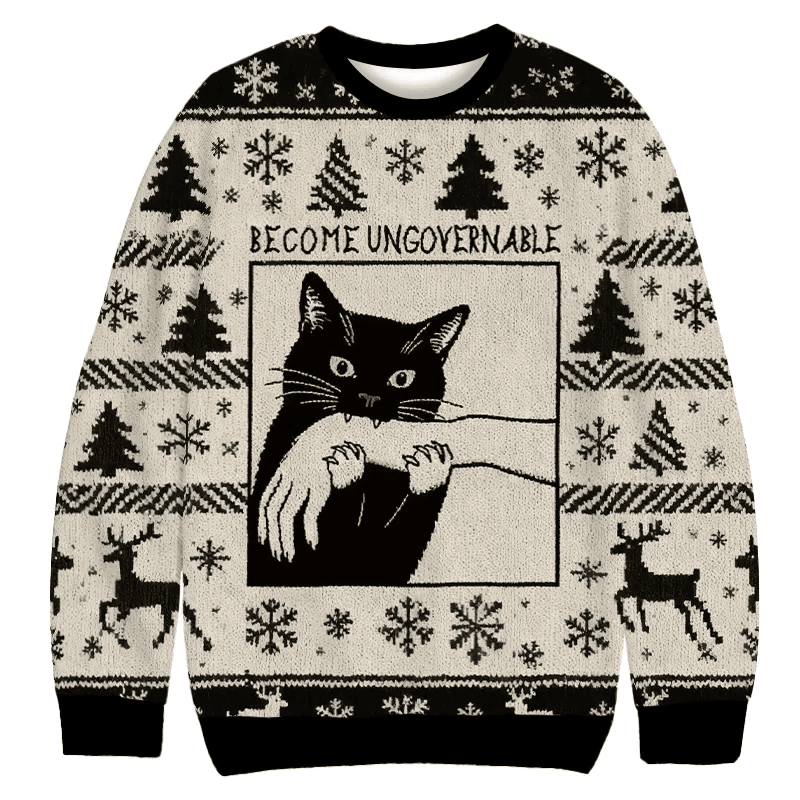 Black Cat Biting Become Ungovernable Vintage Christmas Sweater, Ugly Xmas Sweater, Christmas Ugly Sweatshirt