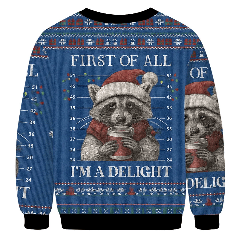 First Of All I'm A Delight Funny Racoon Vintage Christmas Sweater, Ugly Xmas Sweater, Christmas Ugly Sweatshirt