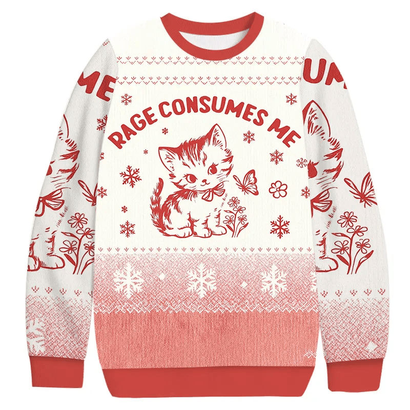 Rage Consumes Me Pink Cat Vintage Christmas Sweater, Ugly Xmas Sweater, Christmas Ugly Sweatshirt