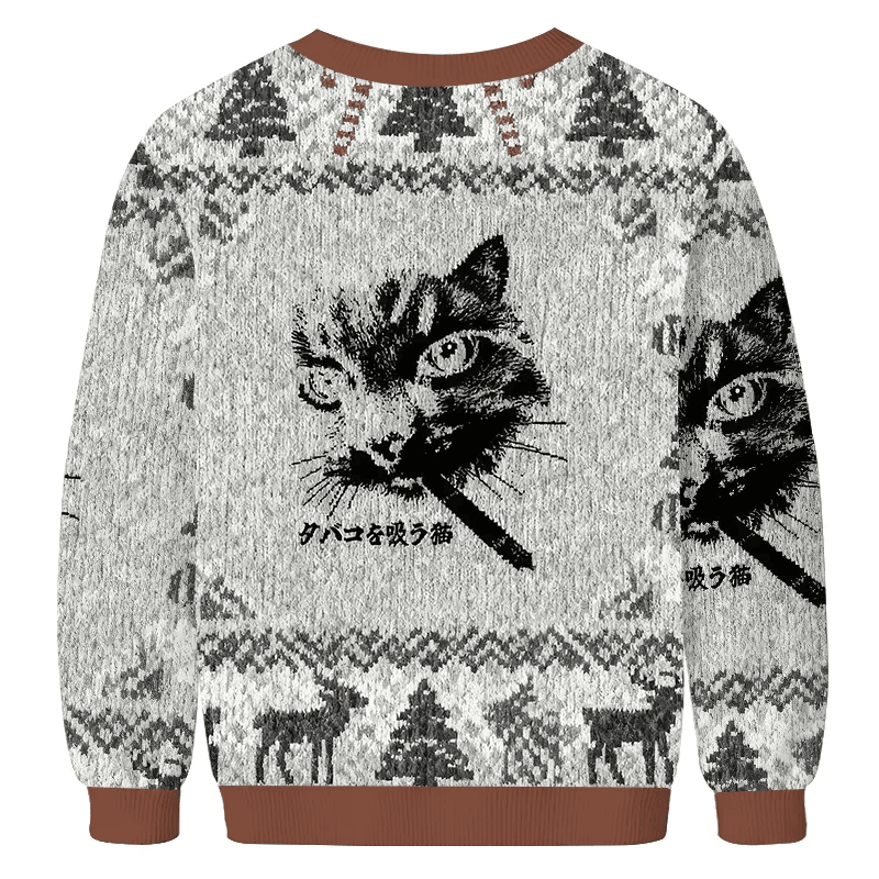 Retro Cat Smoking Vintage Christmas Sweater, Ugly Xmas Sweater, Christmas Ugly Sweatshirt