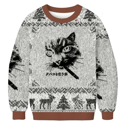 Retro Cat Smoking Vintage Christmas Sweater, Ugly Xmas Sweater, Christmas Ugly Sweatshirt