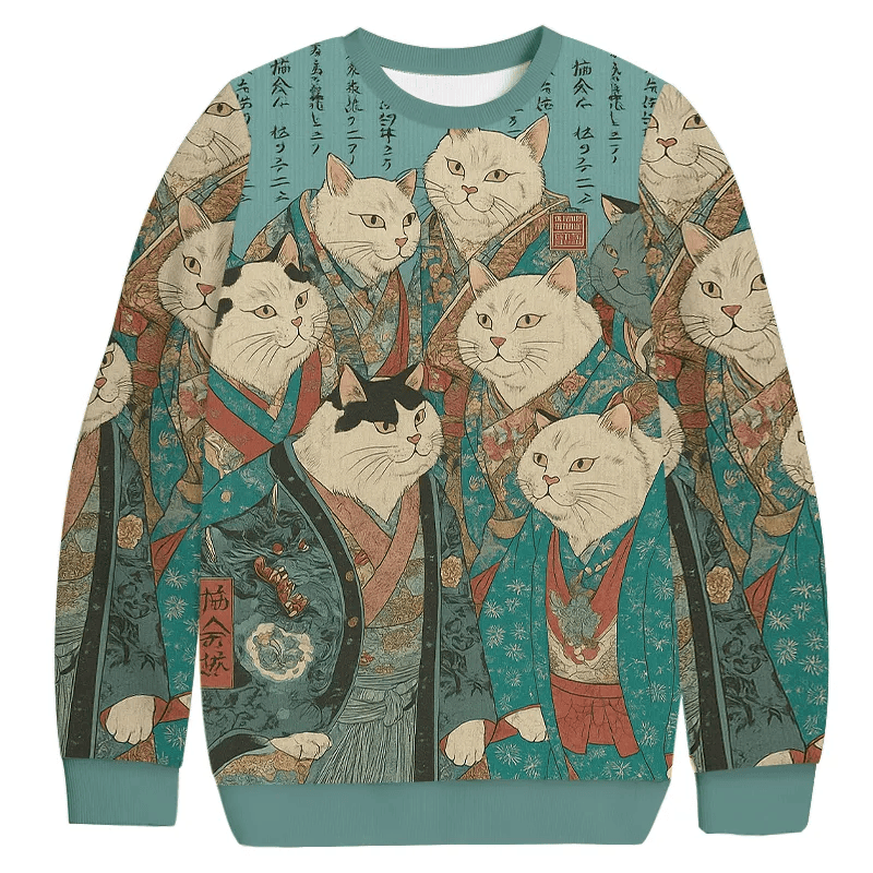 Formal Ukiyo-e Cat Nobles Vintage Christmas Sweater, Ugly Xmas Sweater, Christmas Ugly Sweatshirt