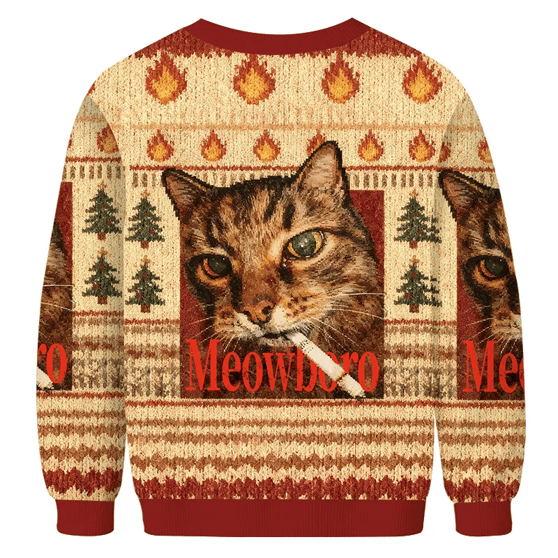 Meowlboro Funny Smoking Cat Vintage Christmas Sweater, Ugly Xmas Sweater, Christmas Ugly Sweatshirt
