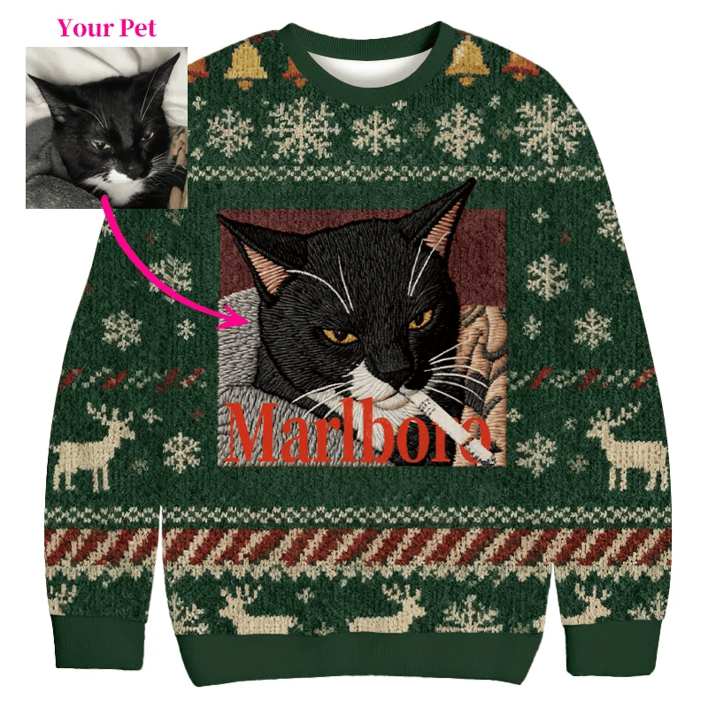 Custom Cat Portraits Smoking Vintage Christmas Sweater, Ugly Xmas Sweater, Christmas Ugly Sweatshirt
