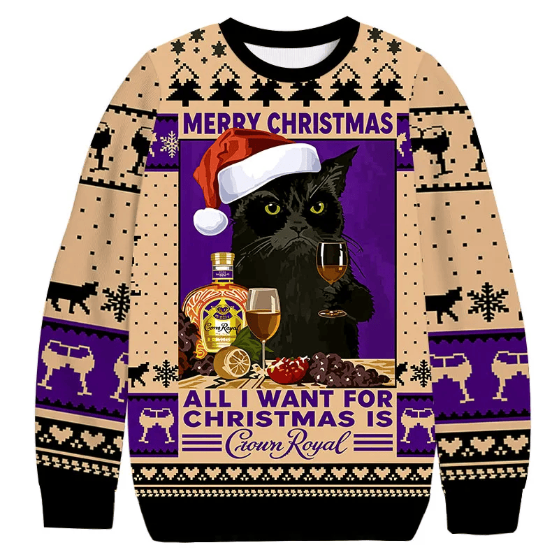 All I Want For Christmas Is Whiskey Ugly Sweater, Funny Black Cat Christmas Ugly Sweatshirt, Gift For Cat Lovers