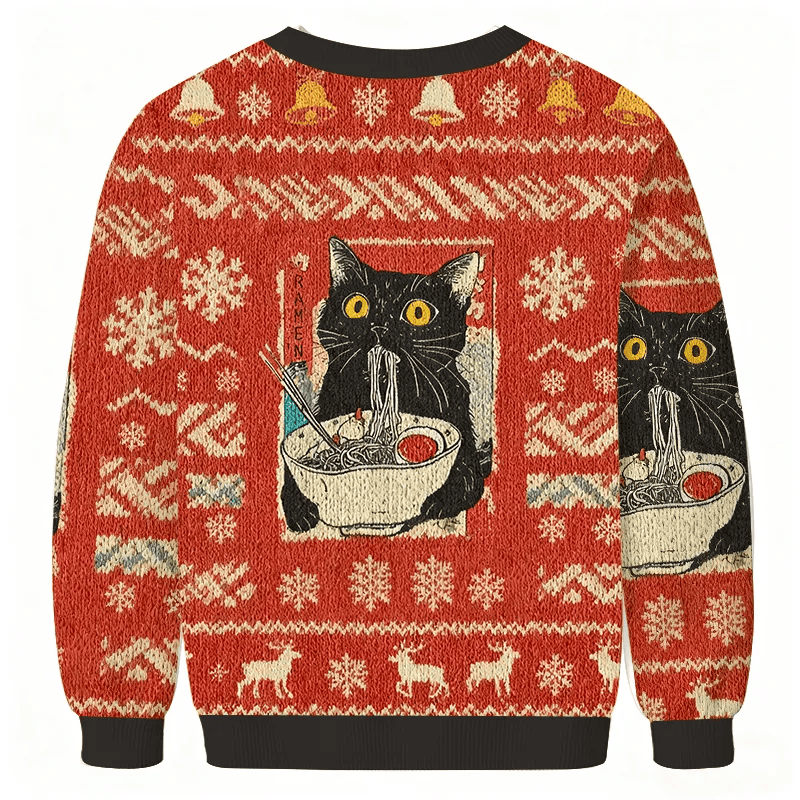 Cute Cat Eating Ramen Vintage Christmas Sweater, Ugly Xmas Sweater, Christmas Ugly Sweatshirt
