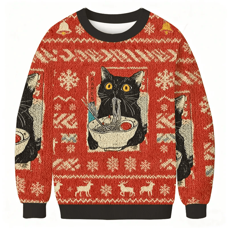 Cute Cat Eating Ramen Vintage Christmas Sweater, Ugly Xmas Sweater, Christmas Ugly Sweatshirt