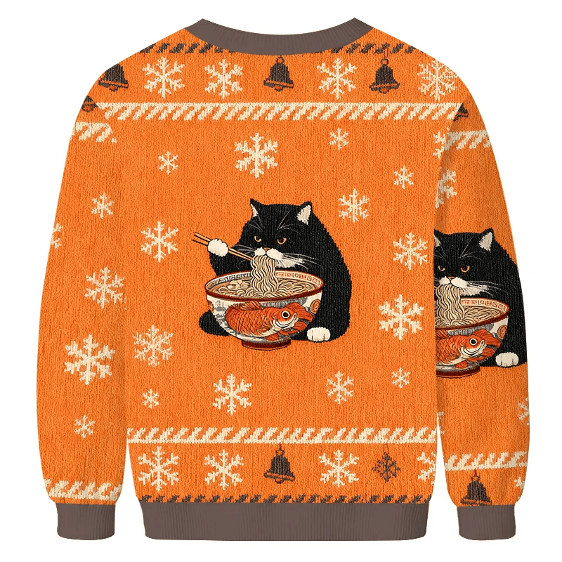 Fat Cat Eating Ramen Vintage Christmas Sweater, Ugly Xmas Sweater, Christmas Ugly Sweatshirt