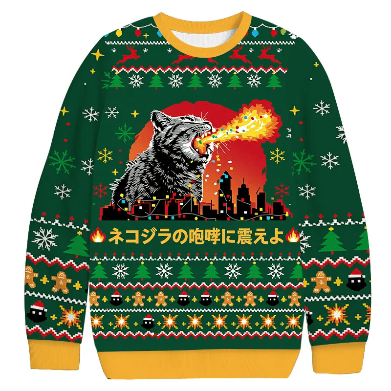 Tremble Before The Roar Of Catzilla Ugly Sweater, Funny Christmas Ugly Sweatshirt, Gift For Cat Lovers