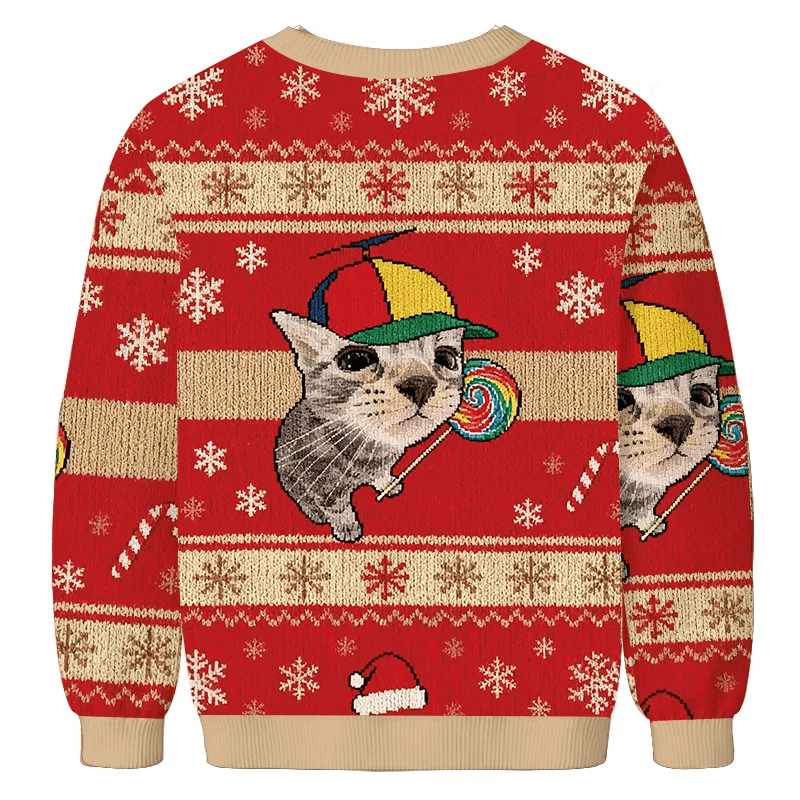 Cat With Lollipop And Hat Vintage Christmas Sweater, Ugly Xmas Sweater, Christmas Ugly Sweatshirt