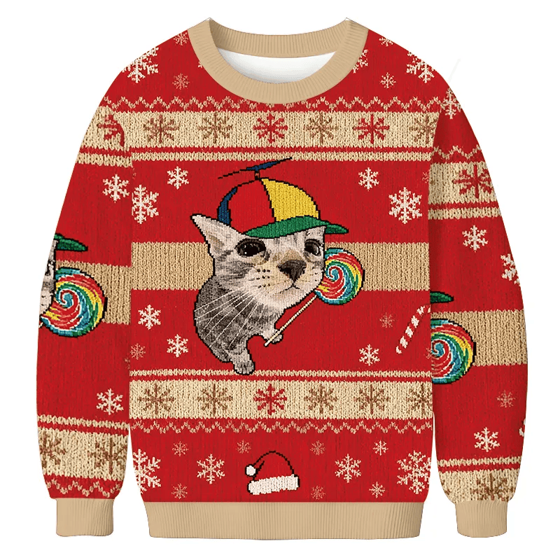 Cat With Lollipop And Hat Vintage Christmas Sweater, Ugly Xmas Sweater, Christmas Ugly Sweatshirt