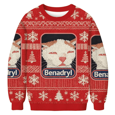 Red Benadryl Cat Meme Vintage Christmas Sweater, Ugly Xmas Sweater, Christmas Ugly Sweatshirt