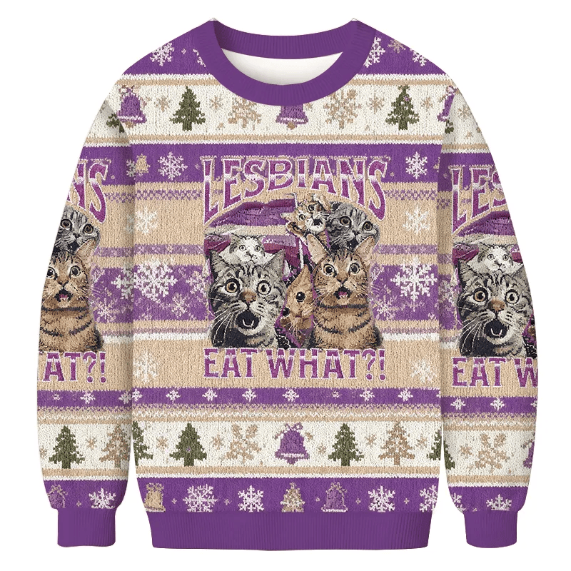Lesbians Eat What Fun Cats Purple Vintage Christmas Sweater, Ugly Xmas Sweater, Christmas Ugly Sweatshirt
