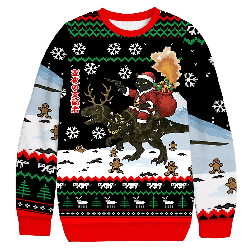 Cat Riding A Dinosaur Ugly Sweater, Funny Christmas Ugly Sweatshirt, Gift For Cat Lovers