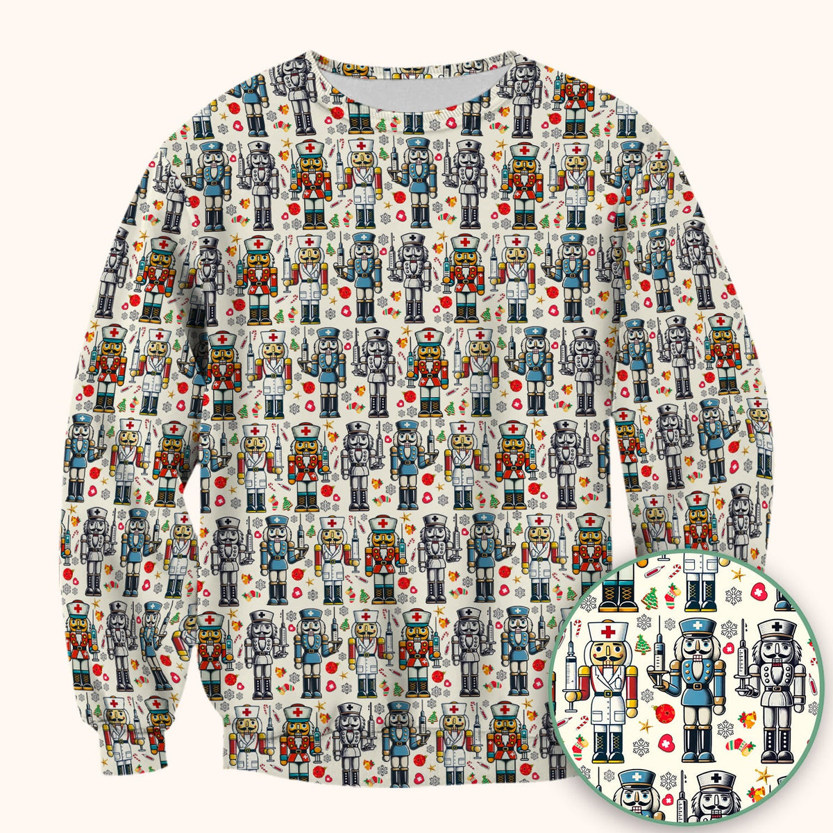 Funny Nutcracker Christmas Scrub Top – Cute Holiday Nurse Pattern Shirt – Festive Medical Uniform for RN, LPN, CNA, and Healthcare Workers