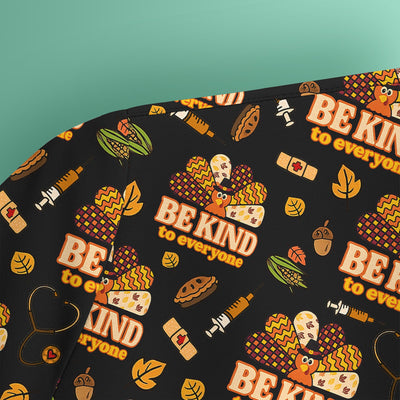 Thanksgiving Be Kind Scrub Top – Fall Nurse Shirt with Heart and Leaf Pattern – Cute Autumn Medical Uniform for Healthcare Staff