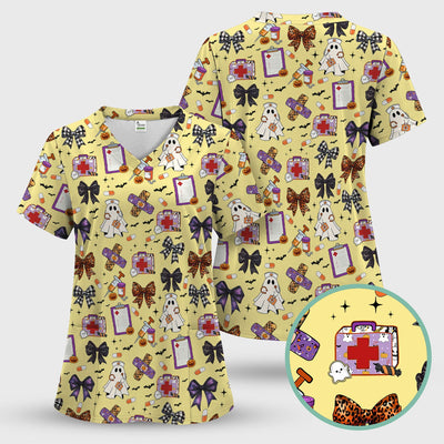 Halloween Nurse Scrub Top - Cute Ghost & Bow Medical Scrubs - Yellow Nursing Shirt with Colorful Halloween Print