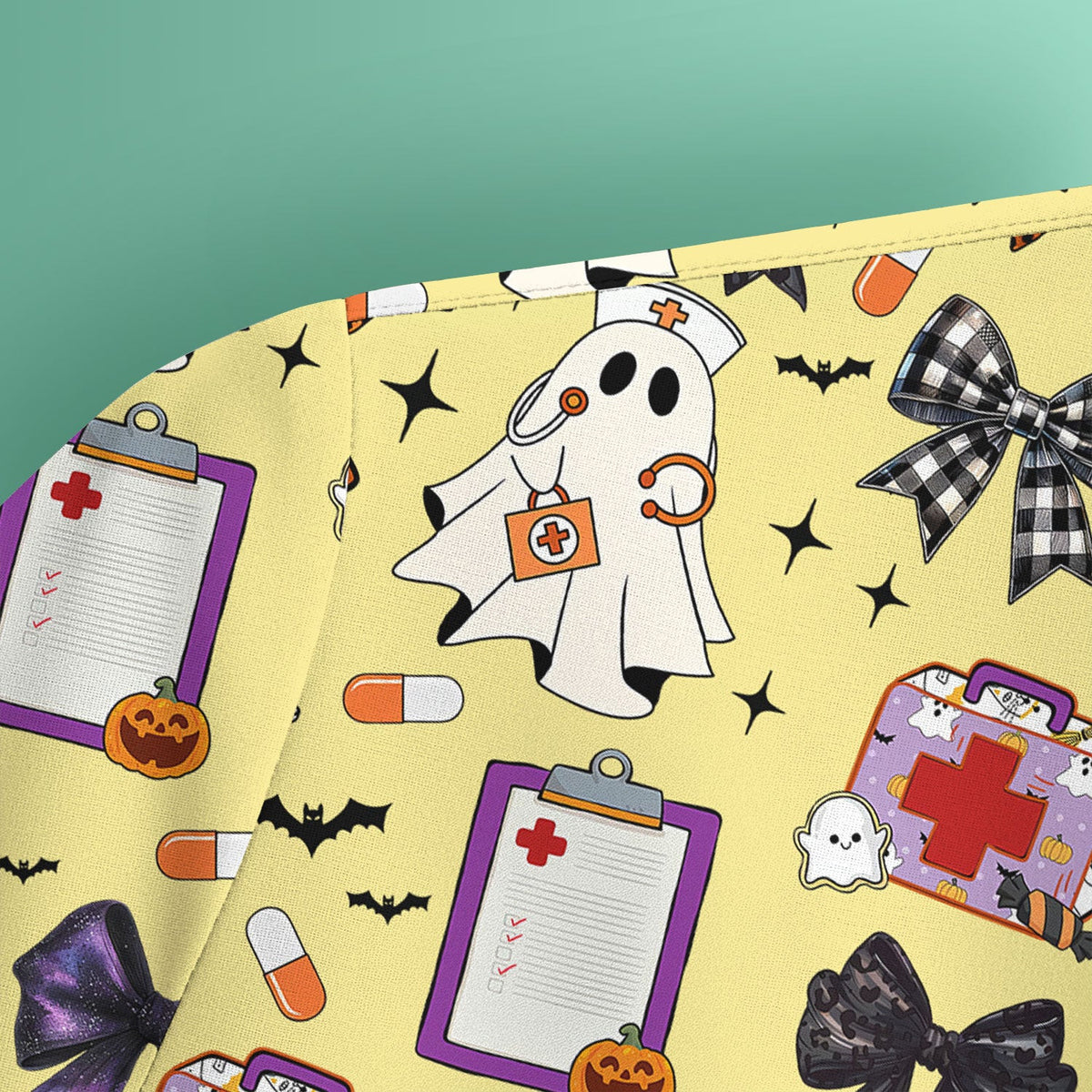 Halloween Nurse Scrub Top - Cute Ghost & Bow Medical Scrubs - Yellow Nursing Shirt with Colorful Halloween Print