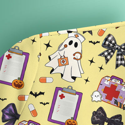 Halloween Nurse Scrub Top - Cute Ghost & Bow Medical Scrubs - Yellow Nursing Shirt with Colorful Halloween Print