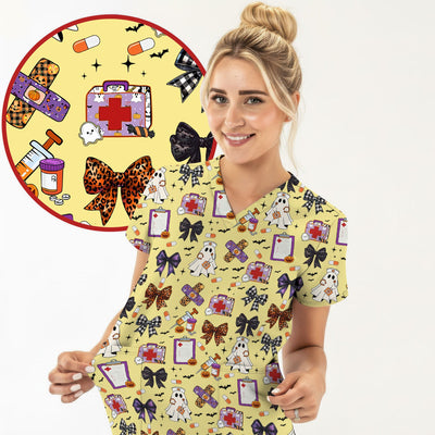 Halloween Nurse Scrub Top - Cute Ghost & Bow Medical Scrubs - Yellow Nursing Shirt with Colorful Halloween Print