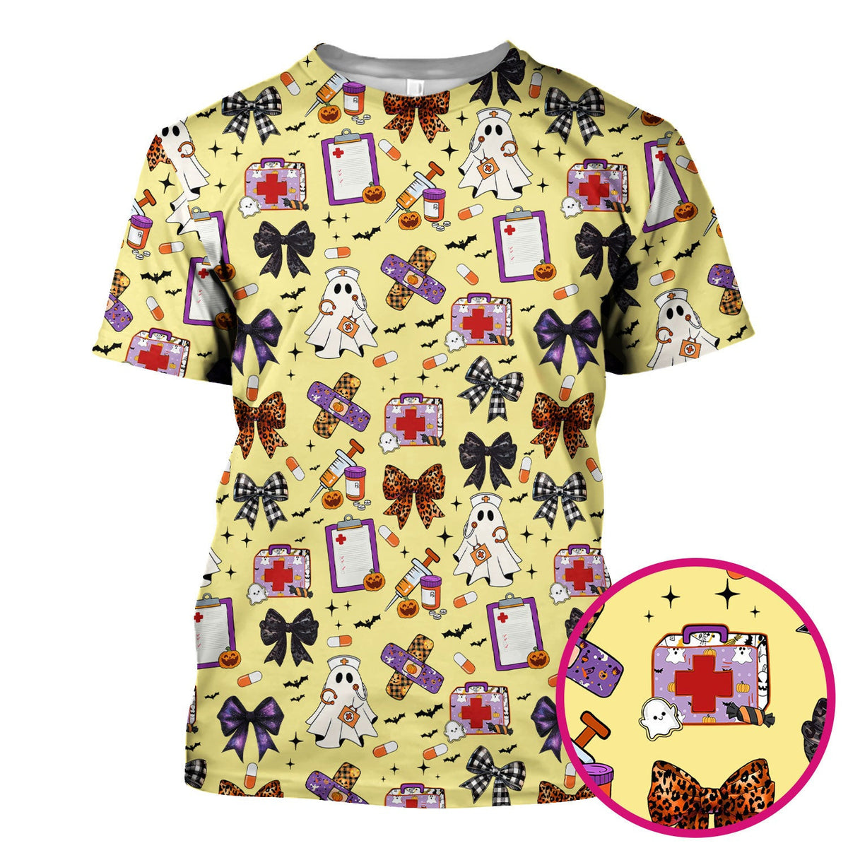 Halloween Nurse Scrub Top - Cute Ghost & Bow Medical Scrubs - Yellow Nursing Shirt with Colorful Halloween Print