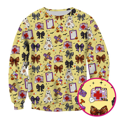 Halloween Nurse Scrub Top - Cute Ghost & Bow Medical Scrubs - Yellow Nursing Shirt with Colorful Halloween Print