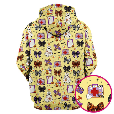 Halloween Nurse Scrub Top - Cute Ghost & Bow Medical Scrubs - Yellow Nursing Shirt with Colorful Halloween Print