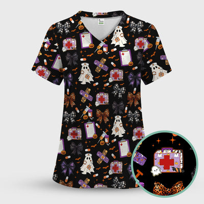 Halloween Nurse Scrub Top - Cute Ghost & Bow Medical Scrubs - Yellow Nursing Shirt with Colorful Halloween Print